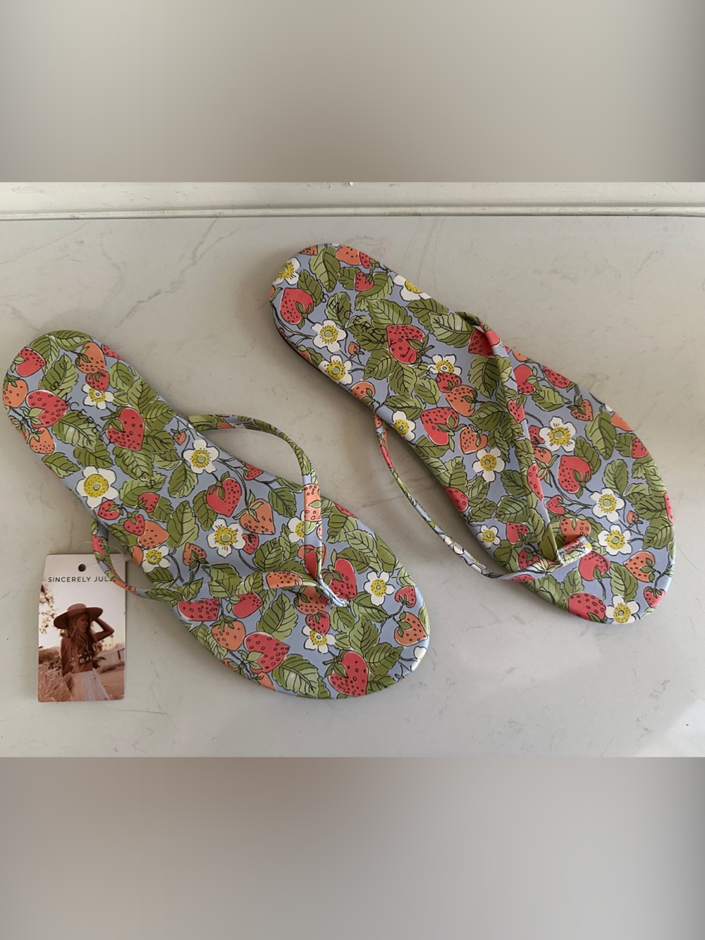 Sincerly Jules Whimsical Strawberry Print Flip Flops
